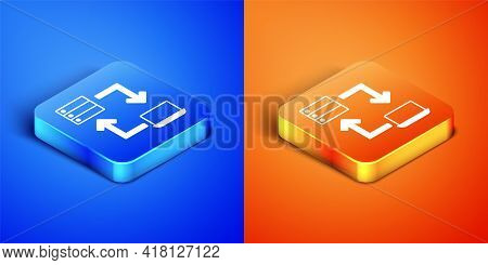 Isometric Online Working Icon Isolated On Blue And Orange Background. Freelancer Man Working On Lapt