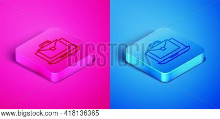Isometric Line Online Working Icon Isolated On Pink And Blue Background. Freelancer Man Working On L