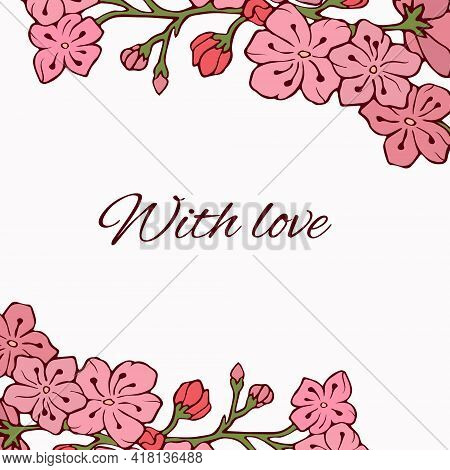 Cherry Blossoms On A Branch. Vector Illustration. Contour Image. Stock Vector. Sakura. Pink Flowers.