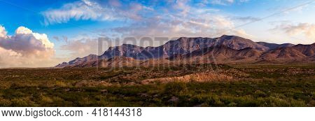 Panoramic American Landscape. Colorful Sunset Sky Art Render. Taken North Of El Paso, New Mexico, Un