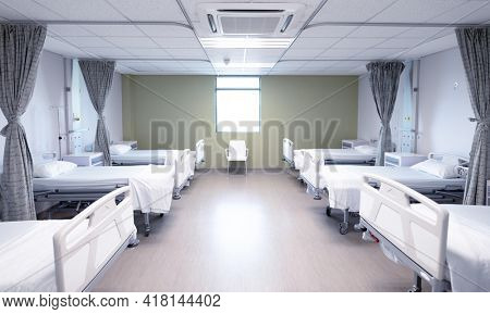 General view of an empty hospital room with two rows of beds. medicine, health and healthcare services.