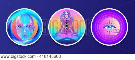Retro Futurism Or New Age Style Flyer Set. Vector Futuristic Sacred Geometry Synth Wave Illustration