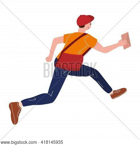 Postman Running With Bag Delivering Letter In Envelope. Mailman In Cap Carrying Mail, Delivery Servi