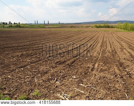 Landscape With Agricultural Land Plowed, Prepared For Harvest. Agricultural Landscape, Arable Land F