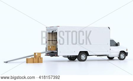 A Van With An Open Trunk And A Lowered Ramp On Isolated Background. Moving Cardboard Boxes. Delivery
