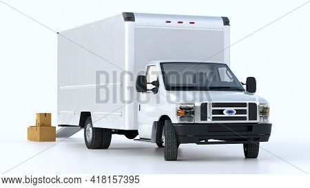A Van With An Open Trunk And A Lowered Ramp On Isolated Background. Moving Cardboard Boxes. Delivery