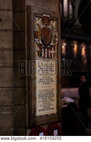 Paris, France, 1.11.2019 - Notre Dame De Paris Interior Detail. In Memory Plaque To One Million Men 