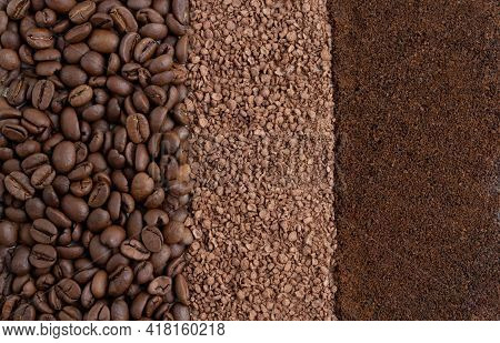 Background Of Roasted Coffee Beans, Granulated Chicory And Ground Coffee. Background Of Coffee Beans