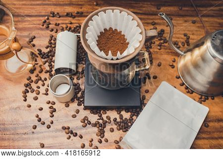 Coffee Powder In The Dripper For Make Coffee Filter On Scales. Prepare Drip Coffee With Coffee Hand 