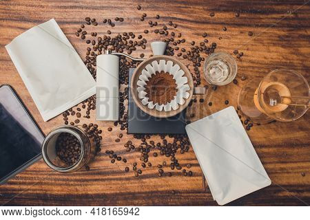Top View Coffee Powder In The Dripper For Make Coffee Filter On Scales. Prepare Drip Coffee With Cof
