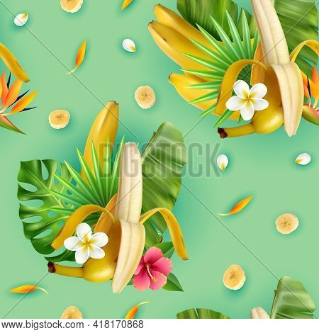 Realistic Banana Pattern With Compositions Of Banana Fruit Tropical Leavrs Flowers And Slices With T