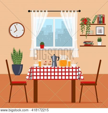 Cozy Room With Table Covered With A Tablecloth And Breakfast On It. Breakfast At Home. Cute Apartmen
