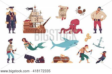 Pirates Set. Cartoon Crew Of Filibusters And Captain On Sailing Ship. Mermaid Swimming With Marine A