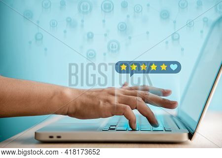 Customer Experiences Concept. Happy Client Using Smartphone To Giving Best Excellent Review Rating F