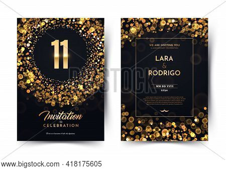 11th Years Birthday Vector Black Paper Luxury Invitation Double Card. Eleven Years Wedding Anniversa