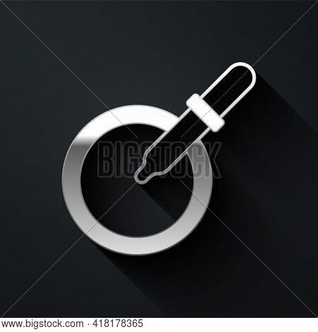 Silver Petri Dish With Pipette Icon Isolated On Black Background. Long Shadow Style. Vector