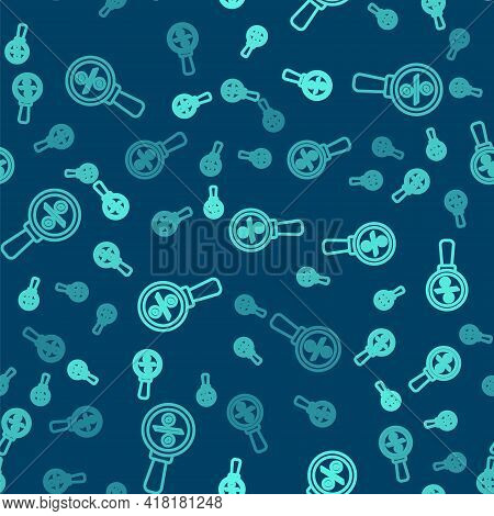 Green Line Magnifying Glass With Percent Icon Isolated Seamless Pattern On Blue Background. Discount