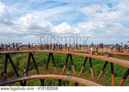 Ronnede. Denmark. July 27. 2019 Camp Adventure Tower. Observation Tower In The Forest. People Enjoy 