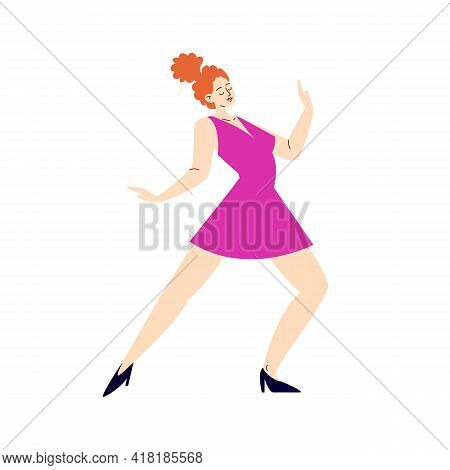 Cartoon Redhead Woman Dancing In Heels. White-skinned Young Pretty Girl Is Dancing In A Pink Short D