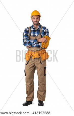 Contractor Worker In Coveralls And Hardhat Standing With Arms Crossed Isolated On White Background, 