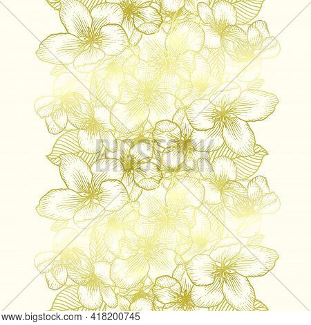 Beautiful Golden Seamless Floral Pattern With Apple Flowers Over White. Nature Botanical Gold Vector