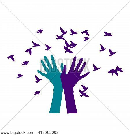 Birds Set Free , Birds Flying For Freedom From An Open Hand, Freedom Concept, Silhouette Of A Bird R