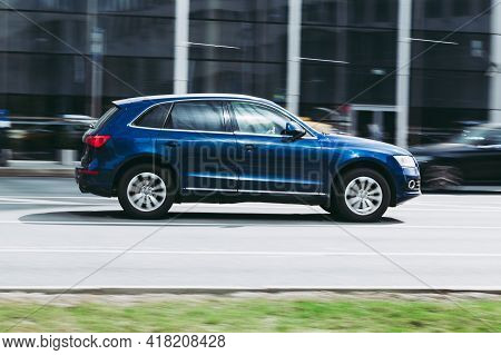 Moscow , Russia - April 2021: Audi Q5 Suv Vehicle On The City Road. Fast Moving Gray Car On Moscow S