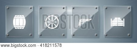 Set Saloon Door, Revolver Gun, Old Wooden Wheel And Gun Powder Barrel. Square Glass Panels. Vector