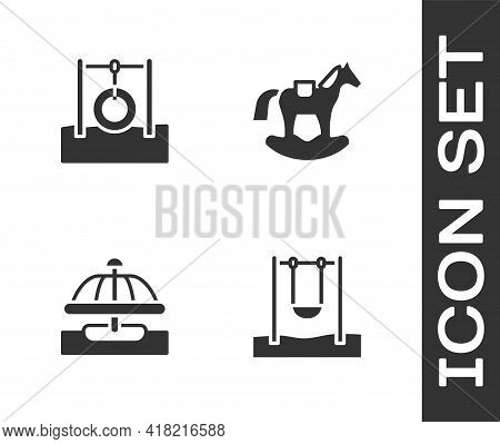 Set Swing, Car Tire Hanging On Rope, Attraction Carousel And Horse Saddle Swing Icon. Vector