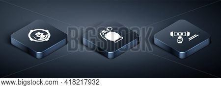Set Isometric Headshot, Judge Gavel And Hand Grenade Icon. Vector