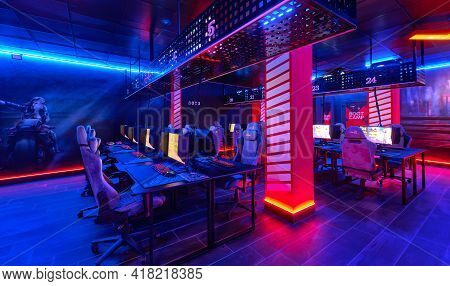 Inside Of Modern Internet Cybercafe, No People