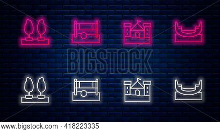 Set Line Volleyball Net With Ball, Sand Castle, Forest And Boat Swing. Glowing Neon Icon On Brick Wa