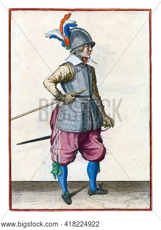 A soldier, full-length, to the right, carrying his spear (lance) with his right hand by his right side, the point tilted upwards and close to his stomach