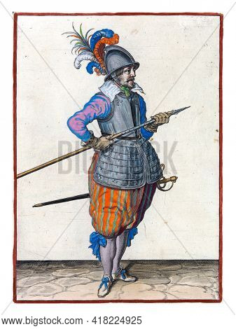 A soldier, full-length, to the right, carrying his spear (lance) with both hands by his right side, the point tilted upwards and close to his belly