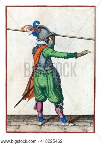 A soldier, full-length, to the right, carrying a spear (lance) with his left hand above his left shoulder, his right hand stretched out forward.