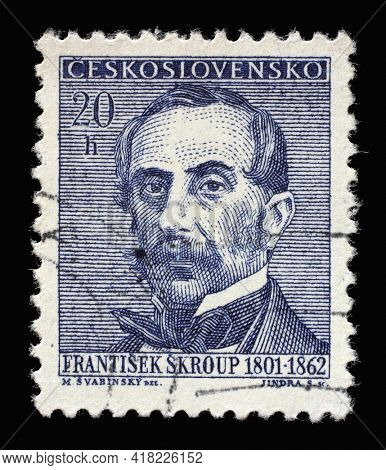 ZAGREB, CROATIA - SEPTEMBER 18, 2014: Stamp printed in Czechoslovakia shows a portrait of Frantisek Skroup (1801-1862), Anniversary cultural figures series, circa 1962