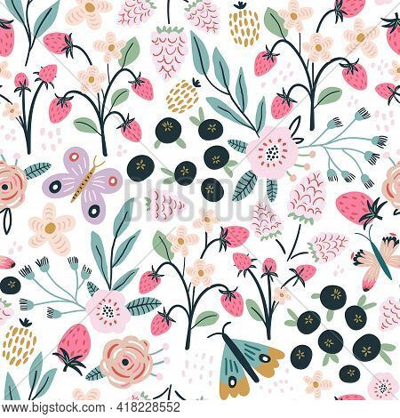 Seamless Pattern With Flowers, Blueberry And Leaves, Rasberry, Butterfly. Creative Hight Detailed Fl