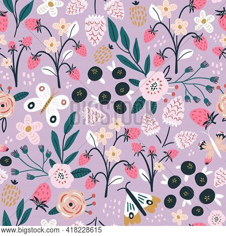 Seamless Pattern With Flowers, Blueberry And Leaves, Rasberry, Butterfly. Creative Hight Detailed Fl