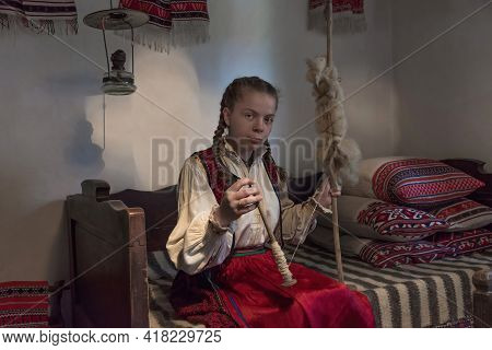 Salaj,transylvania,romania-may 14, 2018: Beautiful Young Girl In Traditional Romanian Folk Costume S