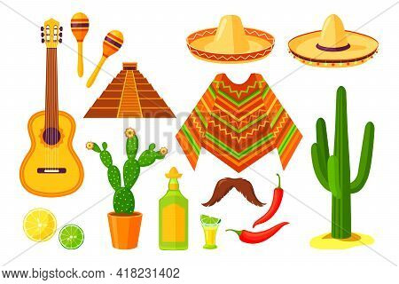 Set Of Cartoon Mexican Traditional Symbols. Flat Vector Illustration. Colorful Collection Of Cacti, 