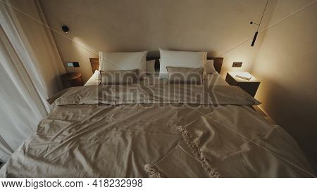 Bedroom Interior, Large Double Bed, In White And Gray, In A Modern Style
