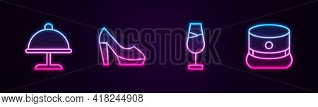 Set Line Covered With Tray, Woman Shoe, Wine Glass And Kepi. Glowing Neon Icon. Vector