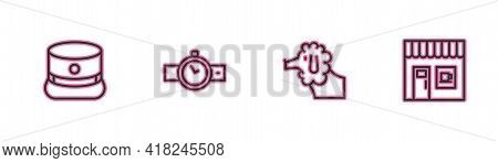 Set Line Kepi, Poodle Dog, Wrist Watch And Coffee Shop Icon. Vector