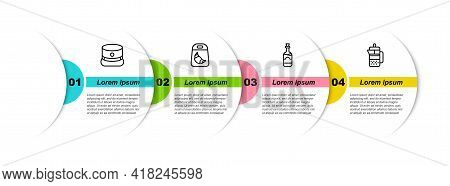 Set Line Kepi, Croissant Package, Bottles Of Wine And French Press. Business Infographic Template. V