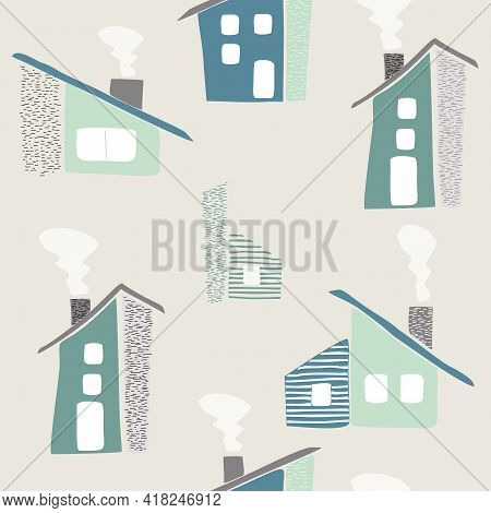 Seamless Childish Pattern With Hand Drawn Houses. Creative Kids City Texture For Fabric, Textile, Wa