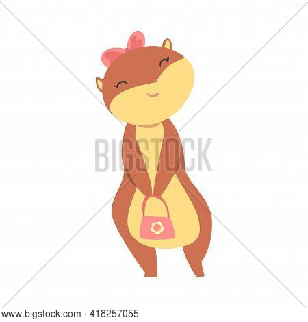 Cute Funny Hamster Girl Standing With Pink Bag, Adorable Animal Character Cartoon Vector Illustratio