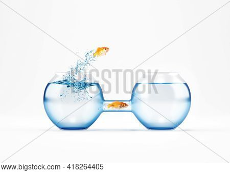 Red Fishes Migrate To A New Cruet. Concept Of Easy And Smart Way To Change And Strategy.