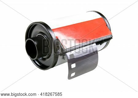 Metal Roll With Photosensitive Film. Old Black And White Film For Analog Cameras. Isolated Backgroun