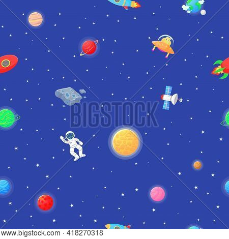 Cosmic Fabric For Kids. Astronaut With Rocket And Alien In The Open Space Cute Design For Kids Fabri