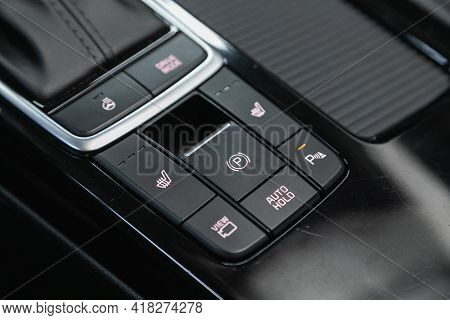 Novosibirsk, Russia - April 25 2021: Kia Optima, Close Up Shot Of Modern Central Console With  Butto